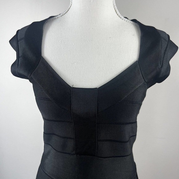 French Connection Black Knit Bandage Bodycon Dress Size 4 Cap Sleeve Y2K - Picture 2 of 12